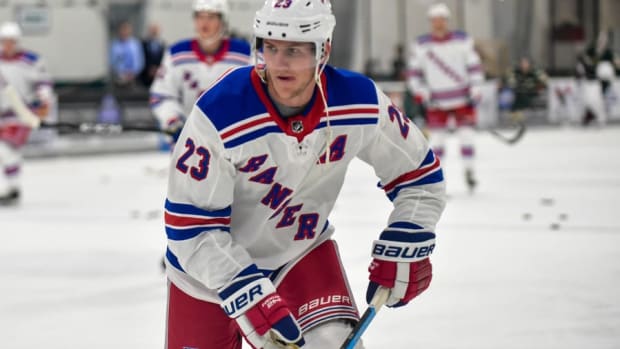 TRAVERSE CITY, MICH. Ð New York Rangers defenseman Adam Fox (#23) during a game between the New York Rangers and Minnestoa Wild at Center Ice Arena on September 10, 2019. (Photo from Steven Ellis/The Hockey News)