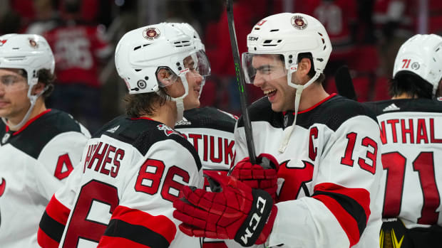 New Jersey Devils left wing Tomas Tatar (90) reacts after scoring a goal  against the Tampa Bay Lightning during the second period of an NHL hockey  game Thursday, March 16, 2023, in