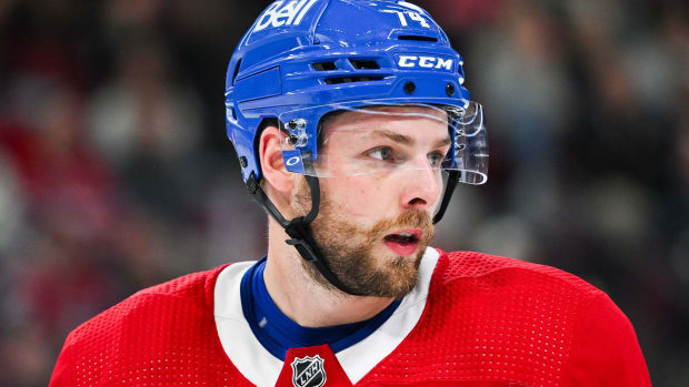 Sep 27, 2023; Montreal, Quebec, CAN; Montreal Canadiens center Brandon Gignac (74) looks on against the Ottawa Senators during the third period at Bell Centre. Mandatory Credit: David Kirouac-USA TODAY Sports