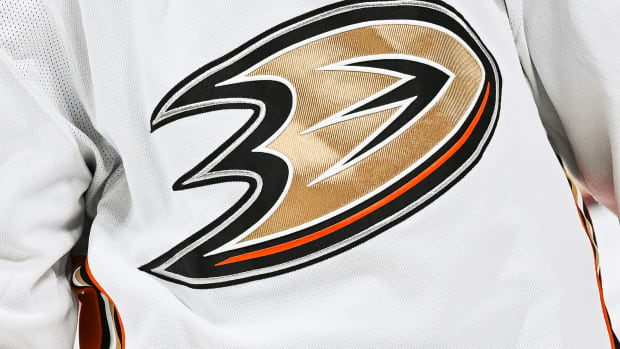 Dec 15, 2022; Montreal, Quebec, CAN; View of an Anaheim Ducks logo on a jersey worn by a member of the team during the second period at Bell Centre. Mandatory Credit: David Kirouac-USA TODAY Sports