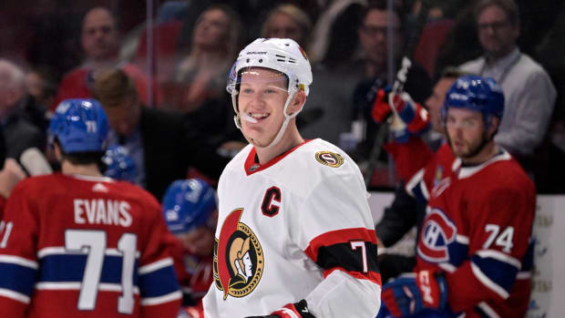Oct 4, 2022; Montreal, Quebec, CAN; Ottawa Senators forward Brady Tkachuk (7) celebrates after scoring a goal against the Montreal Canadiens during the third period at the Bell Centre. Mandatory Credit: Eric Bolte-USA TODAY Sports