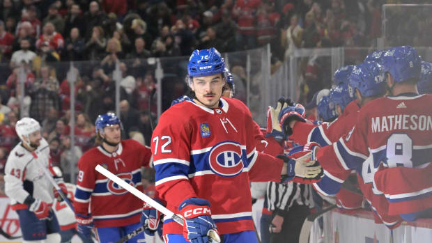 Feb 17, 2024; Montreal, Quebec, CAN; Montreal Canadiens defenseman Arber Xhekaj (72) celebrates with teammates after scoring a goal against the Washington Capitals during the first period at the Bell Centre. Mandatory Credit: Eric Bolte-USA TODAY Sports