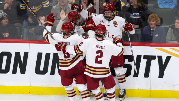 Apr 11, 2024; Saint Paul, Minnesota, USA; Boston College Eagles forward Will Smith (6) celebrates his goal against the Michigan Wolverines during the second period in the semifinals of the 2024 Frozen Four college ice hockey tournament at Xcel Energy Center. Mandatory Credit: Matt Krohn-USA TODAY Sports