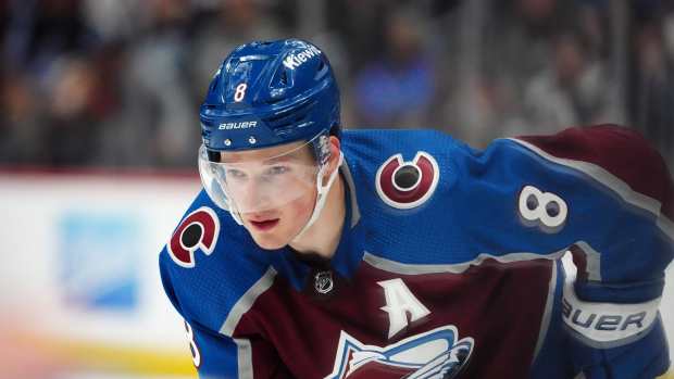 Apr 18, 2024; Denver, Colorado, USA; Colorado Avalanche defenseman Cale Makar (8) during the second period against the Edmonton Oilers at Ball Arena.