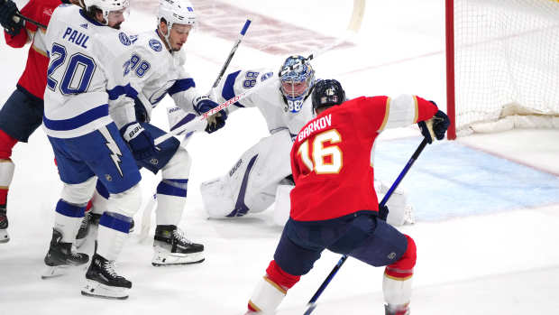 Apr 29, 2024; Sunrise, Florida, USA; Florida Panthers center Aleksander Barkov (16) shoots and scores a short-handed goal against Tampa Bay Lightning goaltender Andrei Vasilevskiy (88) during the second period in game five of the first round of the 2024 Stanley Cup Playoffs at Amerant Bank Arena. Mandatory Credit: Jim Rassol-USA TODAY Sports  