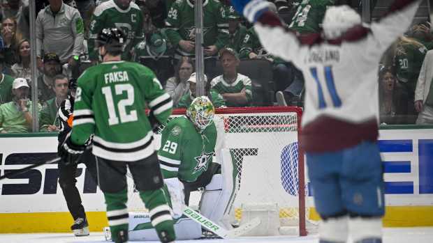 May 7, 2024; Dallas, Texas, USA; Dallas Stars goaltender Jake Oettinger (29) reacts to giving up a goal to Colorado Avalanche left wing Miles Wood (not pictured) during the overtime period in game one of the second round of the 2024 Stanley Cup Playoffs at American Airlines Center.