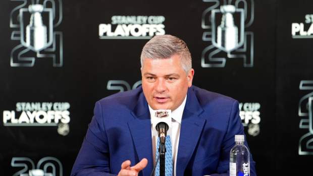 Apr 24, 2024; Toronto, Ontario, CAN; Toronto Maple Leafs head coach Sheldon Keefe talks to the media following a loss to the Boston Bruins in game three of the first round of the 2024 Stanley Cup Playoffs at Scotiabank Arena. Mandatory Credit: John E. Sokolowski-USA TODAY Sports