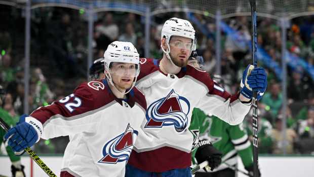 May 9, 2024; Dallas, Texas, USA; Colorado Avalanche left wing Artturi Lehkonen (62) and right wing Valeri Nichushkin (13) celebrates a goal scored by Nichushkin against the Dallas Stars during the third period in game two of the second round of the 2024 Stanley Cup Playoffs at American Airlines Center.