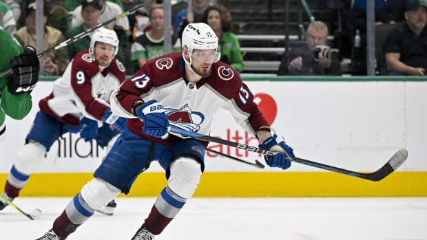 May 9, 2024; Dallas, Texas, USA; Colorado Avalanche right wing Valeri Nichushkin (13) skates against the Dallas Stars during the third period in game two of the second round of the 2024 Stanley Cup Playoffs at American Airlines Center.