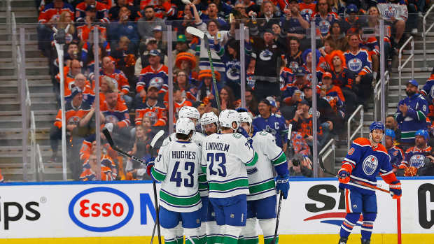May 12, 2024; Edmonton, Alberta, CAN;The Vancouver Canucks celebrate a goal by forward Brock Boeser (6) during the first period against the Edmonton Oilers in game three of the second round of the 2024 Stanley Cup Playoffs at Rogers Place. Mandatory Credit: Perry Nelson-USA TODAY Sports