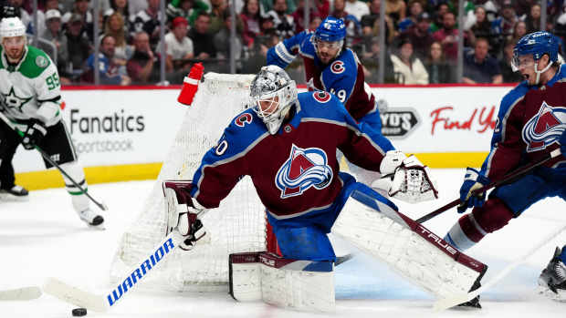May 17, 2024; Denver, Colorado, USA; Colorado Avalanche goaltender Alexandar Georgiev (40) makes a save in the first period against the Dallas Stars in game six of the second round of the 2024 Stanley Cup Playoffs at Ball Arena.