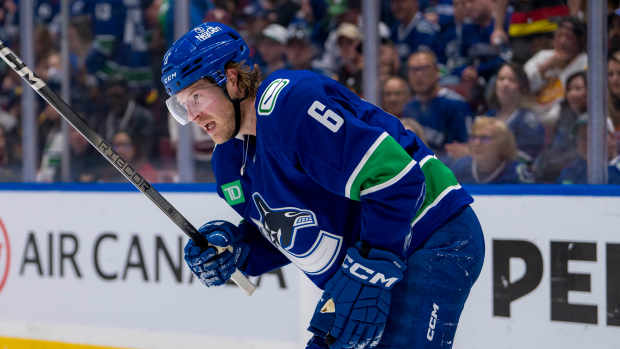 May 8, 2024; Vancouver, British Columbia, CAN; Vancouver Canucks forward Brock Boeser (6) reacts after getting checked by the Edmonton Oilers during the first period in game one of the second round of the 2024 Stanley Cup Playoffs at Rogers Arena. Mandatory Credit: Bob Frid-USA TODAY Sports