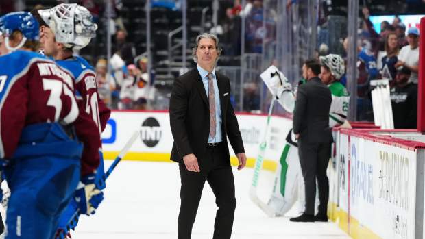 May 17, 2024; Denver, Colorado, USA; Colorado Avalanche head coach Jared Bednar following the double overtime period loss against the Dallas Stars in game six of the second round of the 2024 Stanley Cup Playoffs at Ball Arena.
