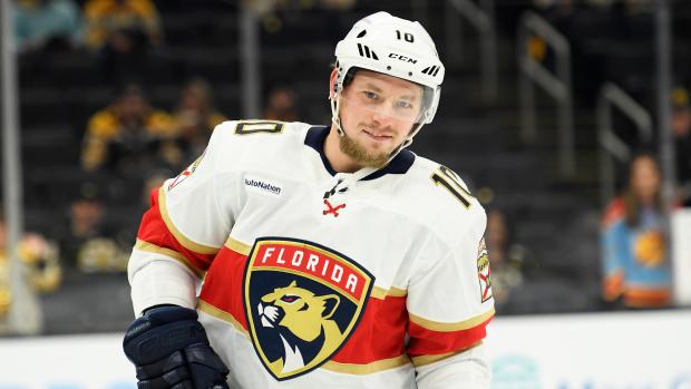 May 17, 2024; Boston, Massachusetts, USA; Florida Panthers right wing Vladimir Tarasenko (10) during warmups prior to game six of the second round of the 2024 Stanley Cup Playoffs against the Boston Bruins at TD Garden. Mandatory Credit: Bob DeChiara-USA TODAY Sport