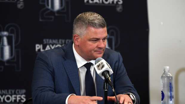 May 4, 2024; Boston, Massachusetts, USA; Toronto Maple Leafs coach Sheldon Keefe speaks to the media after being defeated by the Boston Bruins in game seven of the first round of the 2024 Stanley Cup Playoffs at TD Garden. Mandatory Credit: Bob DeChiara-USA TODAY Sports
