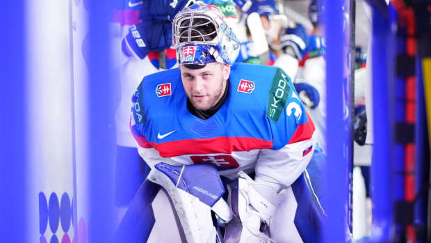OSTRAVA, CZECH REPUBLIC - MAY 19: Slovakia's Samuel Hlavaj looks on before a face-off against Latvia in the first period during preliminary Round - Group B action at the 2024 IIHF Ice Hockey World Championship at Ostrava Arena on May 19, 2024 in Ostrava, Czech Republic.