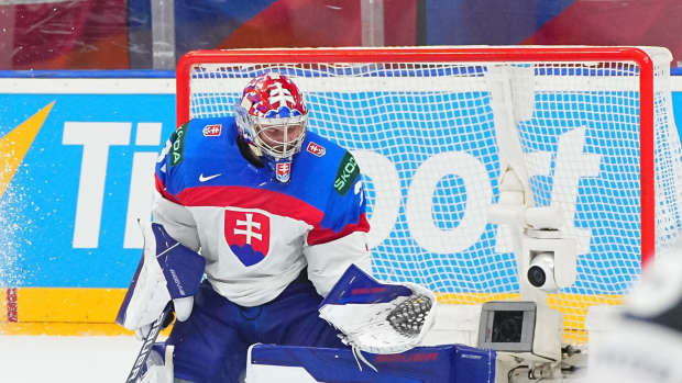 In a 6-3 quarter-final game between Canada vs Slovakia at the 2024 IIHF Ice Hockey World Championship, Samuel Hlavaj stops the puck.
