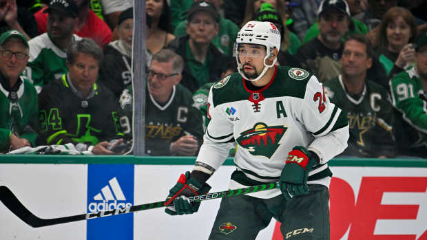 Apr 19, 2023; Dallas, Texas, USA; Minnesota Wild defenseman Matt Dumba (24) in action during the game between the Dallas Stars and the Minnesota Wild in game two of the first round of the 2023 Stanley Cup Playoffs at American Airlines Center. Mandatory Credit: Jerome Miron-USA TODAY Sports
