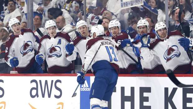 Apr 30, 2024; Winnipeg, Manitoba, CAN; Colorado Avalanche right wing Valeri Nichushkin (13) celebrates his first period goal against the Winnipeg Jets in game five of the first round of the 2024 Stanley Cup Playoffs at Canada Life Centre.