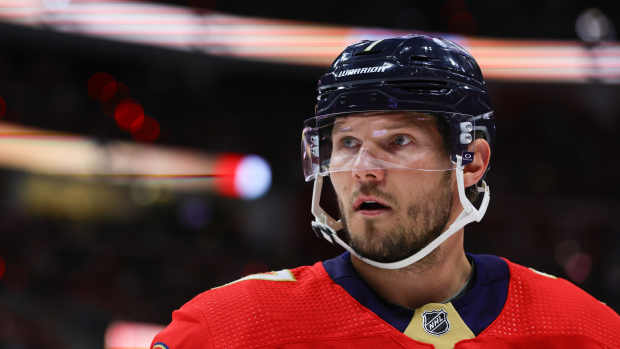 May 6, 2024; Sunrise, Florida, USA; Florida Panthers defenseman Dmitry Kulikov (7) looks on against the Boston Bruins during the first period in game one of the second round of the 2024 Stanley Cup Playoffs at Amerant Bank Arena. Mandatory Credit: Sam Navarro-USA TODAY Sports