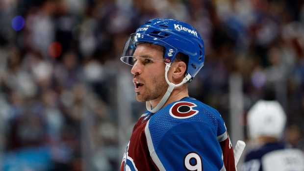 Apr 26, 2024; Denver, Colorado, USA; Colorado Avalanche left wing Zach Parise (9) in the first period against the Winnipeg Jets in game three of the first round of the 2024 Stanley Cup Playoffs at Ball Arena.