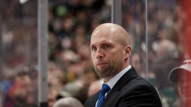 Feb 27, 2018; Saint Paul, MN, USA; St Louis Blues head coach Mike Yeo on the bench in the second period against the Minnesota Wild at Xcel Energy Center. Mandatory Credit: Brad Rempel-USA TODAY Sports