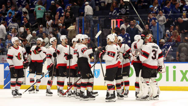 Apr 11, 2024; Tampa, Florida, USA; Ottawa Senators goaltender Anton Forsberg (31) and teammates celebrate after they beat the Tampa Bay Lightning during a shoot out at Amalie Arena. Mandatory Credit: Kim Klement Neitzel-USA TODAY Sports