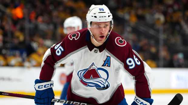 Apr 14, 2024; Las Vegas, Nevada, USA; Colorado Avalanche right wing Mikko Rantanen (96) talks to a teammate before a face-off against the Vegas Golden Knights during the second period at T-Mobile Arena.