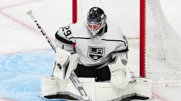 LA Kings Goaltender Jonathan Bernier wearing a Dodgers Hockey jersey.  Awesome!!