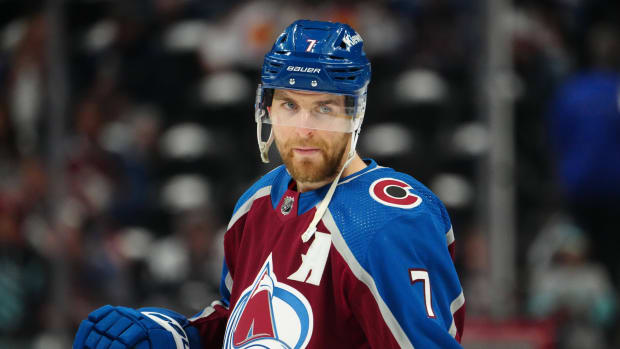 Apr 26, 2023; Denver, Colorado, USA; Colorado Avalanche defenseman Devon Toews (7) before the game against the Seattle Kraken in game five of the first round of the 2023 Stanley Cup Playoffs at Ball Arena.