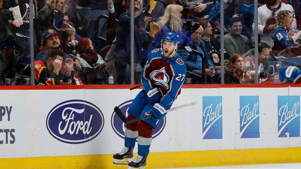 Jan 6, 2024; Denver, Colorado, USA; Colorado Avalanche left wing Jonathan Drouin (27) celebrates after his goal in the third period against the Florida Panthers at Ball Arena.
