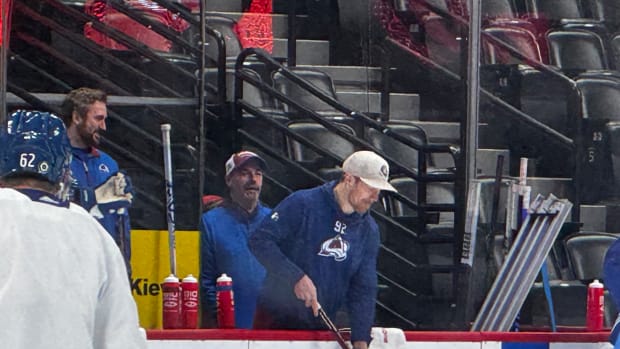 Avalanche captain Gabriel Landeskog was on the bench at the team's morning practice ahead of their matchup with the Vegas Golden Knights on Jan. 10, 2024.