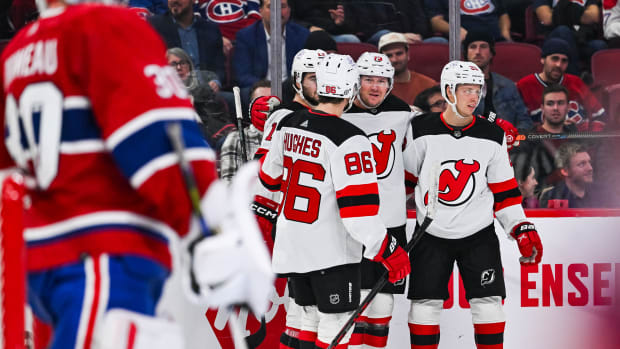 Oct 24, 2023; Montreal, Quebec, CAN; New Jersey Devils center Tyler Toffoli (73) celebrates his second goal of the game against the New Jersey Devils during the third period at Bell Centre. Mandatory Credit: David Kirouac-USA TODAY Sports