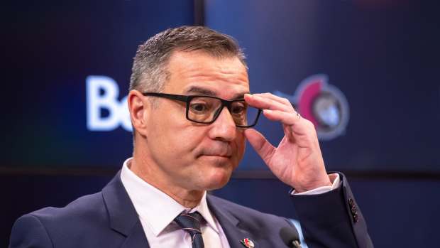 Jan 12, 2025; Ottawa, Ontario, CAN; President of Hockey Operations and General Manager Steve Staios speaks to the media pprior to match between the Dallas Stars and the Ottawa Senators at the Canadian Tire Centre. Mandatory Credit: Marc DesRosiers-Imagn Images