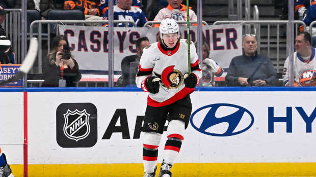 Ottawa Senators right wing Adam Gaudette (81) celebrates his goal against the New York Islanders during the second period at UBS Arena.