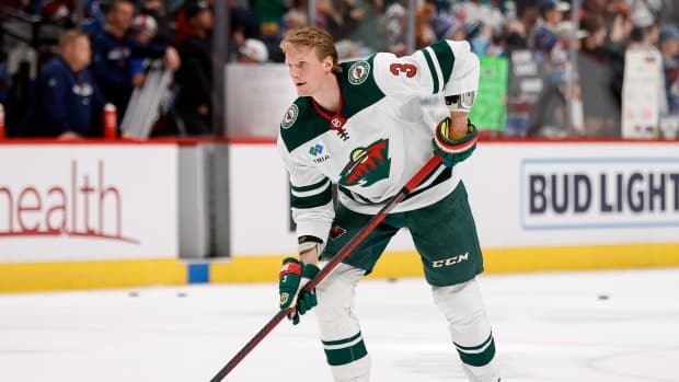 Mar 29, 2023; Denver, Colorado, USA; Minnesota Wild defenseman John Klingberg (3) warms up before the game against the Colorado Avalanche at Ball Arena. Mandatory Credit: Isaiah J. Downing-Imagn Images