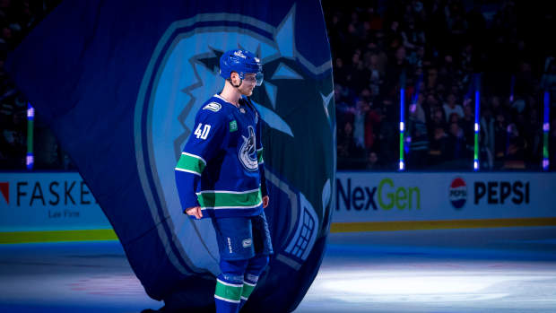 Feb 8, 2025; Vancouver, British Columbia, CAN; Vancouver Canucks forward Elias Pettersson (40) skates as the game’s second star against the Toronto Maple Leafs at Rogers Arena. Mandatory Credit: Bob Frid-Imagn Images