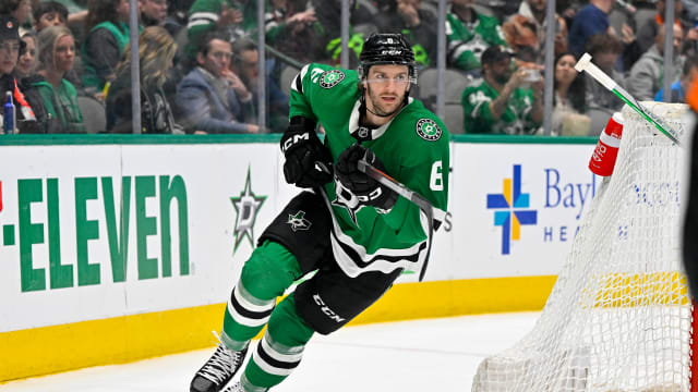 Apr 6, 2023; Dallas, Texas, USA; Dallas Stars defenseman Colin Miller (6) skates against the Philadelphia Flyers in the Stars zone during the third period at the American Airlines Center. Mandatory Credit: Jerome Miron-USA TODAY Sports