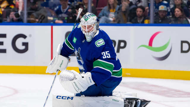 Apr 21, 2024; Vancouver, British Columbia, CAN; Vancouver Canucks goalie Thatcher Demko (35) watches the rebound against the Nashville Predators in game one of the first round of the 2024 Stanley Cup Playoffs at Rogers Arena. Mandatory Credit: Bob Frid-USA TODAY Sports