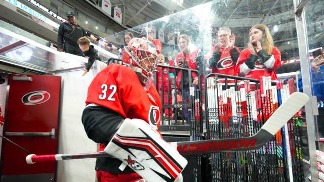 Nov 7, 2023; Raleigh, North Carolina, USA; Carolina Hurricanes goaltender Antti Raanta (32) comes out of the locker room before the game against the Buffalo Sabres at PNC Arena.