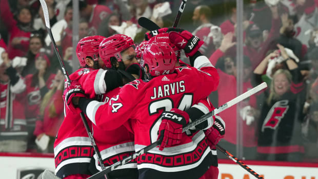 Michael Bunting of the Carolina Hurricanes celebrates after