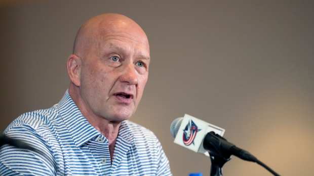 Jul 1, 2023; Columbus, OH, USA; Columbus Blue Jackets General Manager Jarmo Kekalainen speaks after hiring Mike Babcock as the new head coach during a press conference at Nationwide Arena.