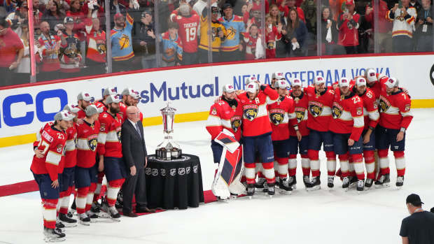 Jun 1, 2024; Sunrise, Florida, USA; The Florida Panthers celebrate winning the Prince of Wales trophy following their close-out victory against the New York Rangers in game six of the Eastern Conference Final of the 2024 Stanley Cup Playoffs at Amerant Bank Arena. Mandatory Credit: Jim Rassol-USA TODAY Sports  