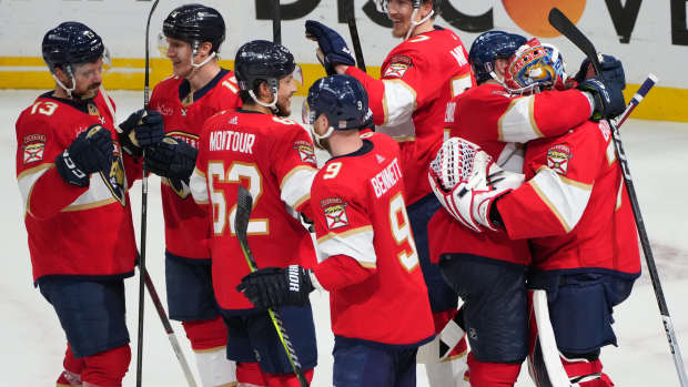 Jun 1, 2024; Sunrise, Florida, USA; Florida Panthers right wing Vladimir Tarasenko (10) hugs goaltender Sergei Bobrovsky (72) following a close-out victory against the New York Rangers in game six of the Eastern Conference Final of the 2024 Stanley Cup Playoffs at Amerant Bank Arena. Mandatory Credit: Jim Rassol-USA TODAY Sports  