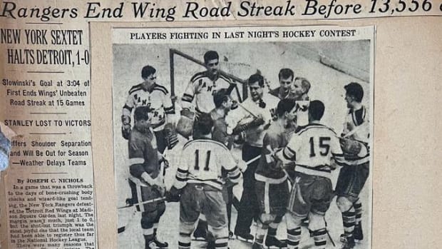Newspaper excerpts about the New York Rangers and Detroit Red Wings