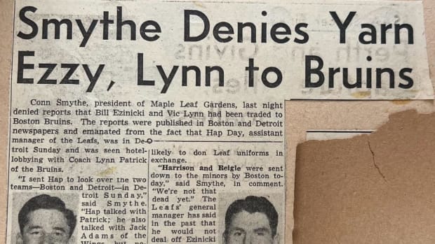 Newspaper clipping: Smythe Denies Yarn Ezzy, Lynn to Bruins
