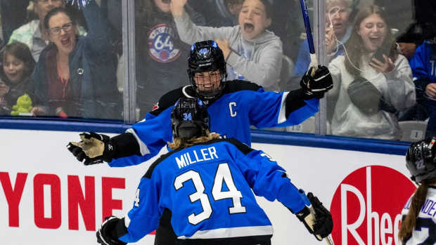 Blayre Turnbull celebrates her third period goal in the opening game of the PWHL playoffs