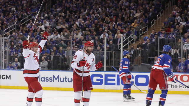 May 13, 2024; New York, New York, USA; Carolina Hurricanes left wing Jordan Martinook (48) celebrates his goal against the New York Rangers during the third period of game five of the second round of the 2024 Stanley Cup Playoffs at Madison Square Garden. 