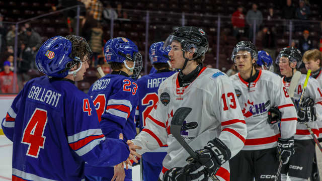 Team CHL and Team USA players shake hands