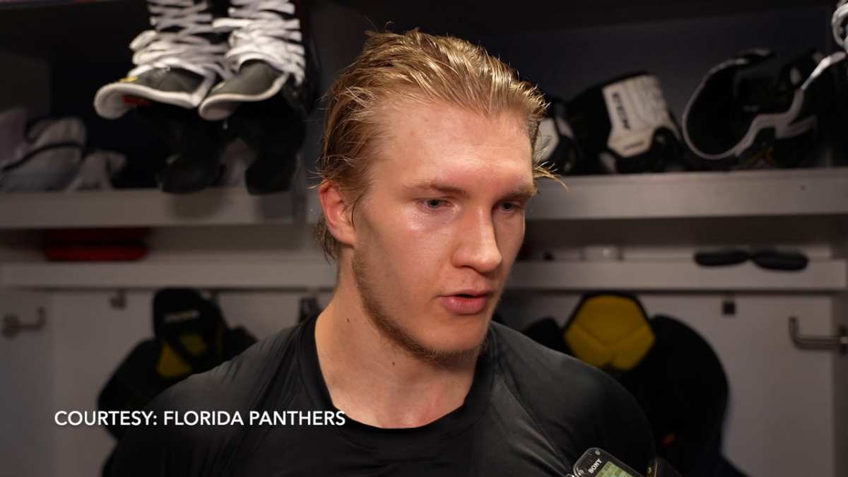 Panthers forward Anton Lundell speaks after practice on June 4